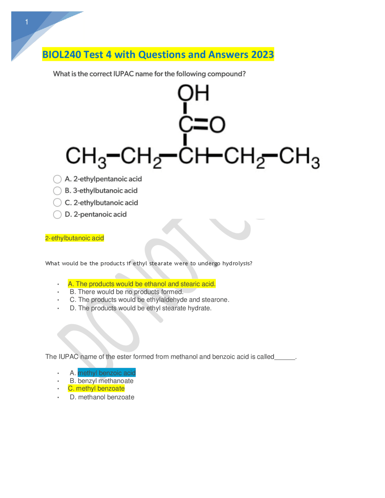 BIOL 240 Quiz 5 Questions and Answers 2023 | Exams Mathematics | Docsity