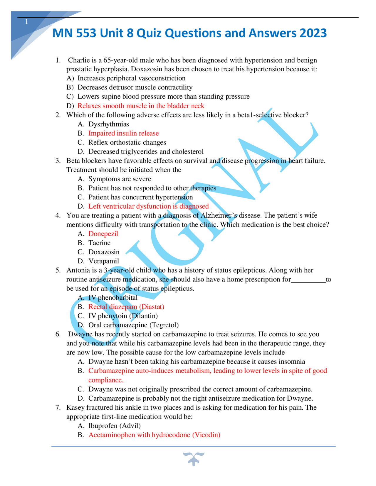 MN 553 Unit 8 Quiz Questions and Answers 2023 | Exams Nursing | Docsity