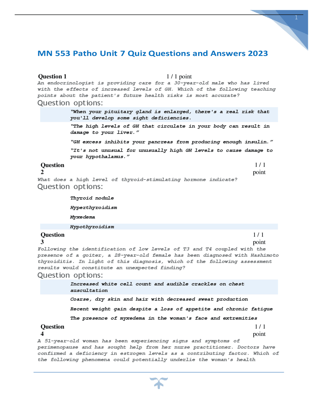 MN 553 Patho Unit 7 Quiz Questions and Answers 2023 | Exams ...