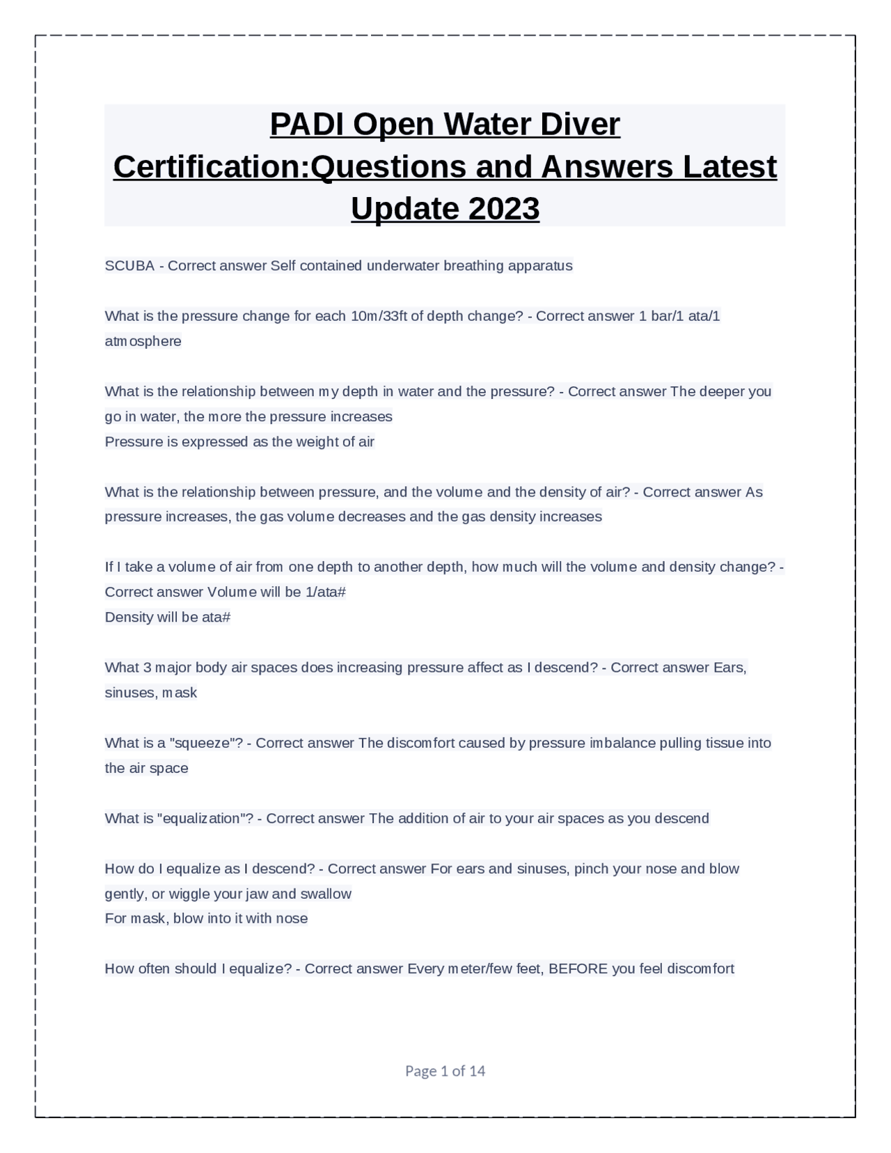 PADI Open Water Diver CertificationQuestions and Answers Latest Update