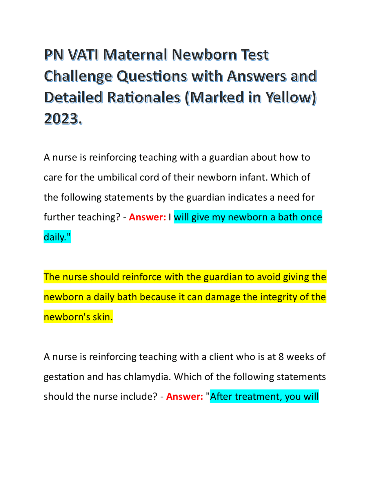 PN VATI Maternal Newborn Test Challenge Questions with Answers and ...