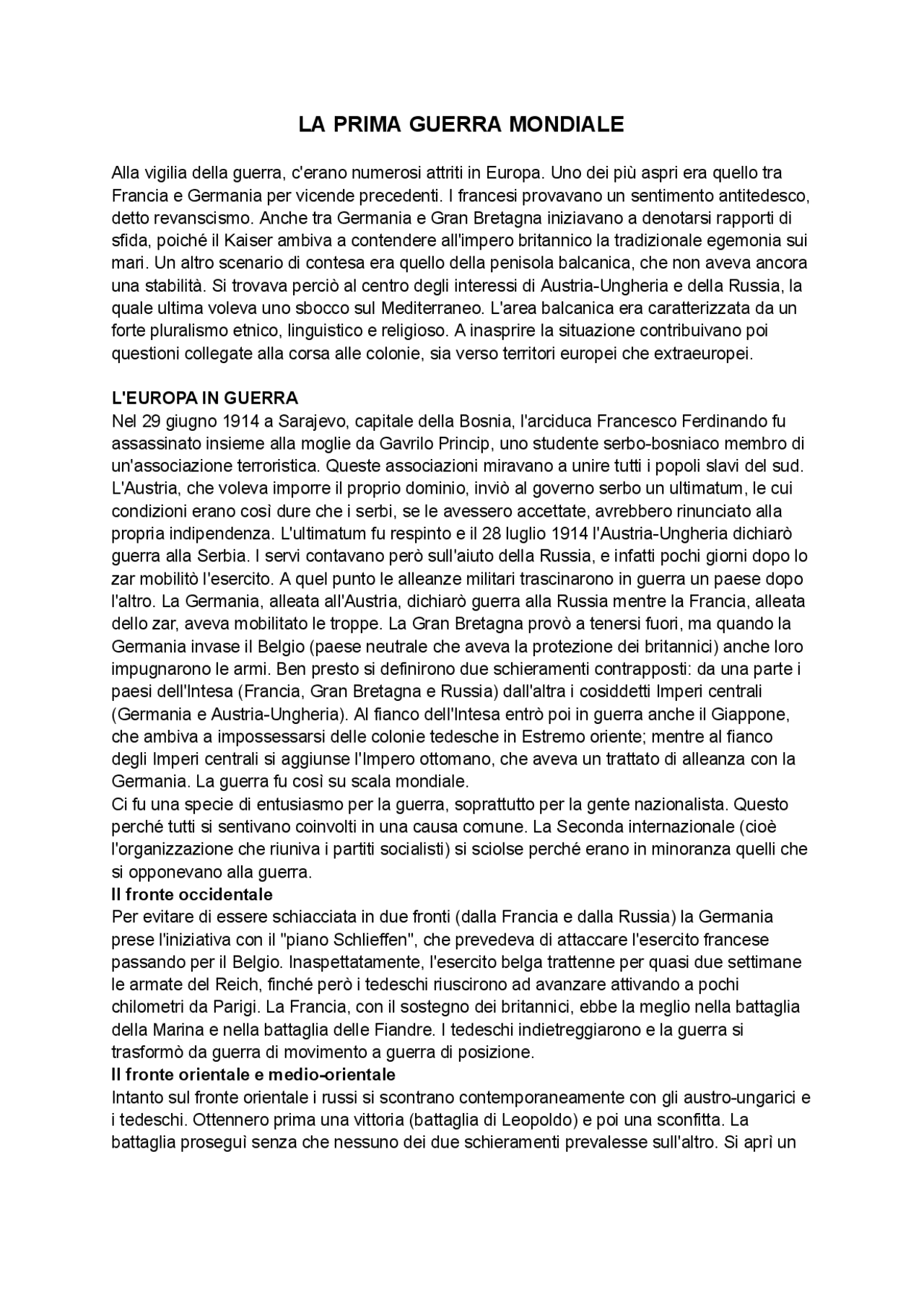 La prima guerra mondiale | Schemi e mappe concettuali di Storia | Docsity