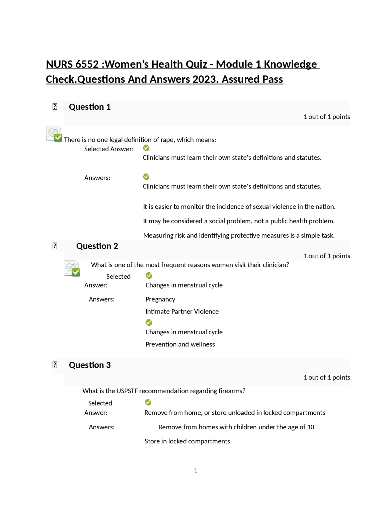 NURS 6552 Women’s Health Quiz Module 1 Knowledge Check.Questions And