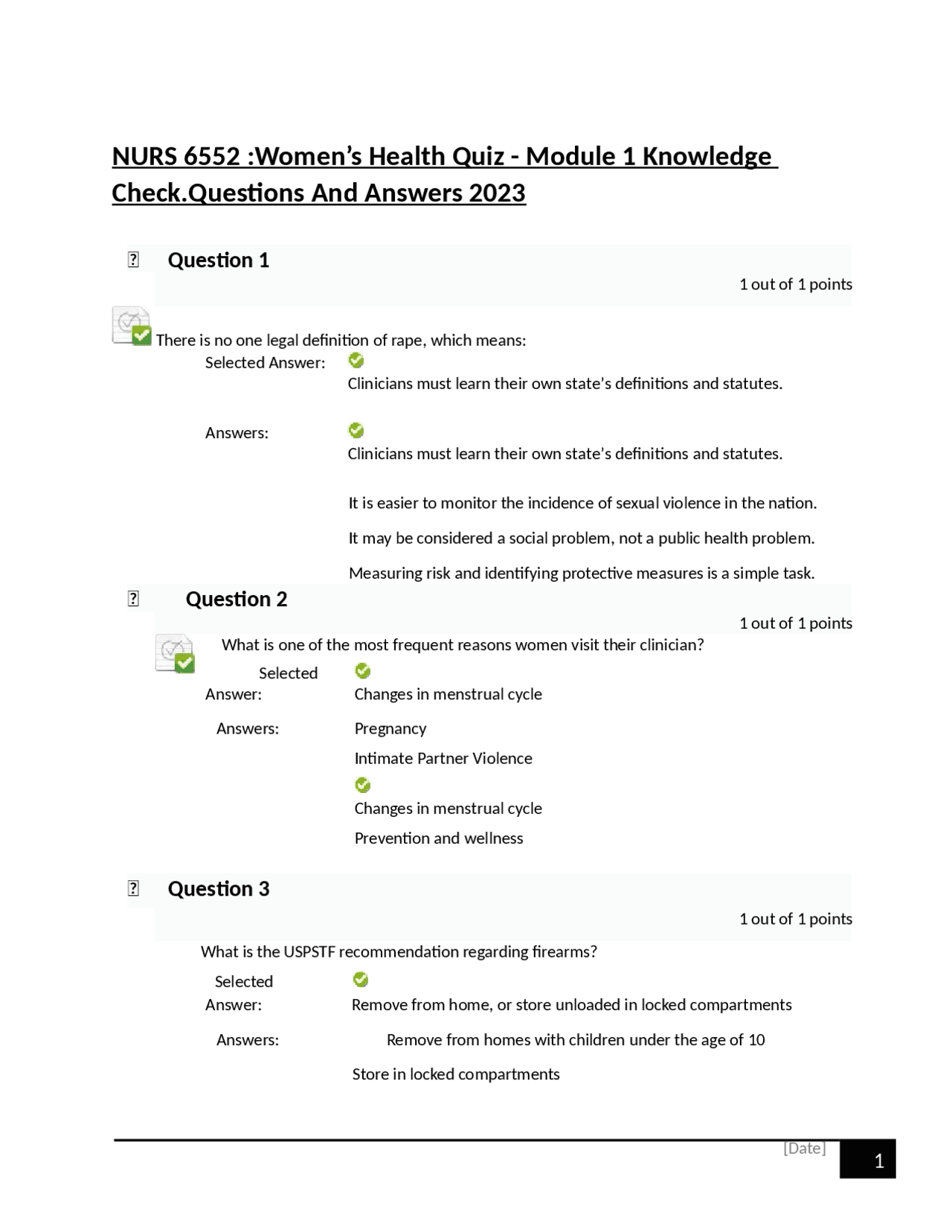 NURS 6552 Women’s Health Quiz Module 1 Knowledge Check.Questions And