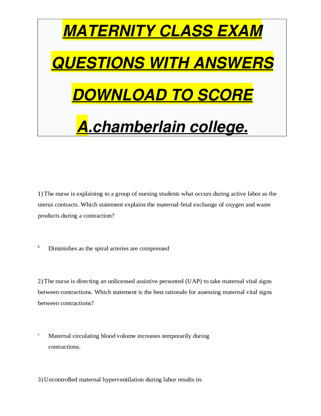 MATERNITY CLASS EXAM QUESTIONS WITH ANSWERS DOWNLOAD TO SCORE A