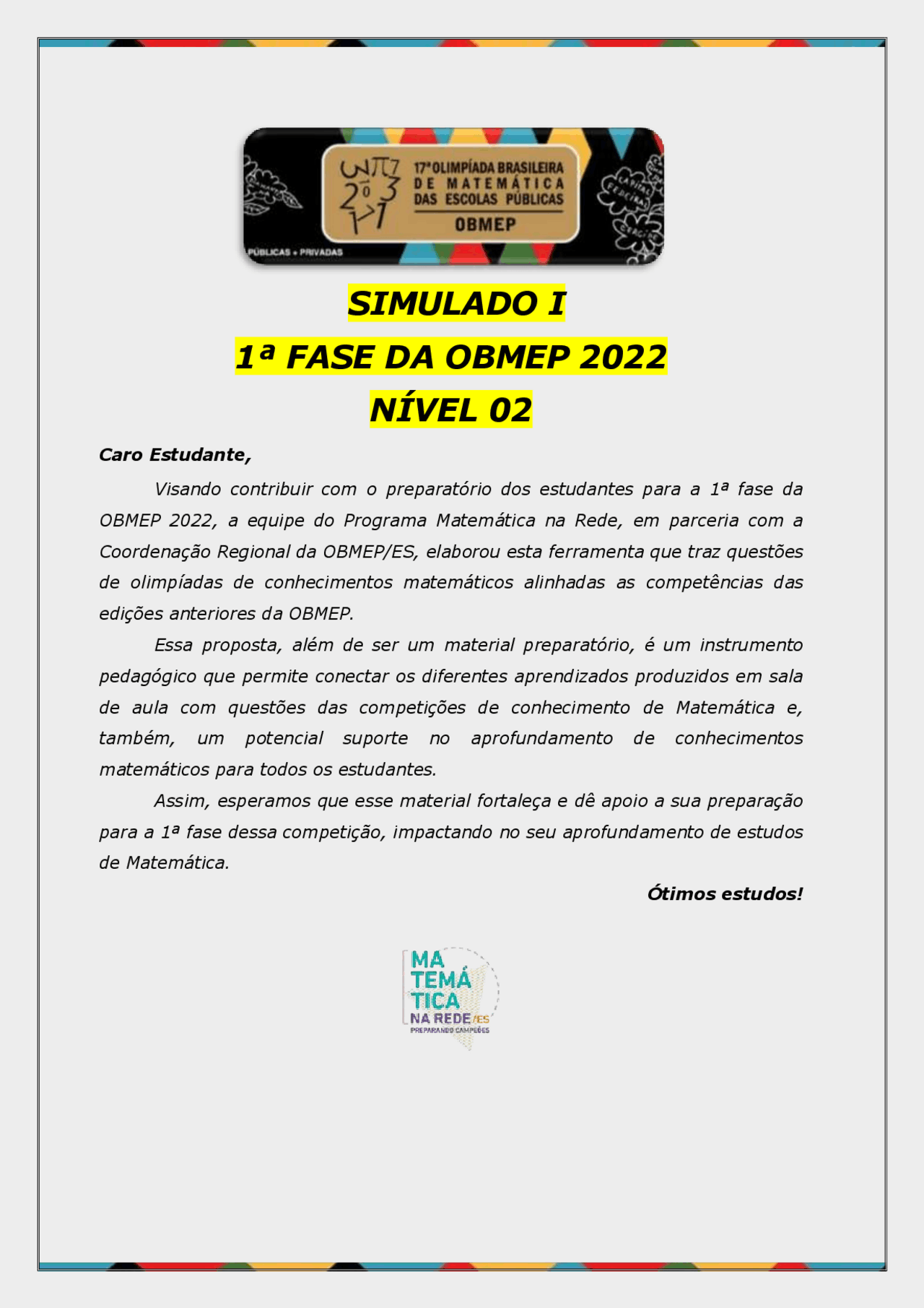 Simulado obmep Fase 2 nivel 2 | Provas Matemática | Docsity