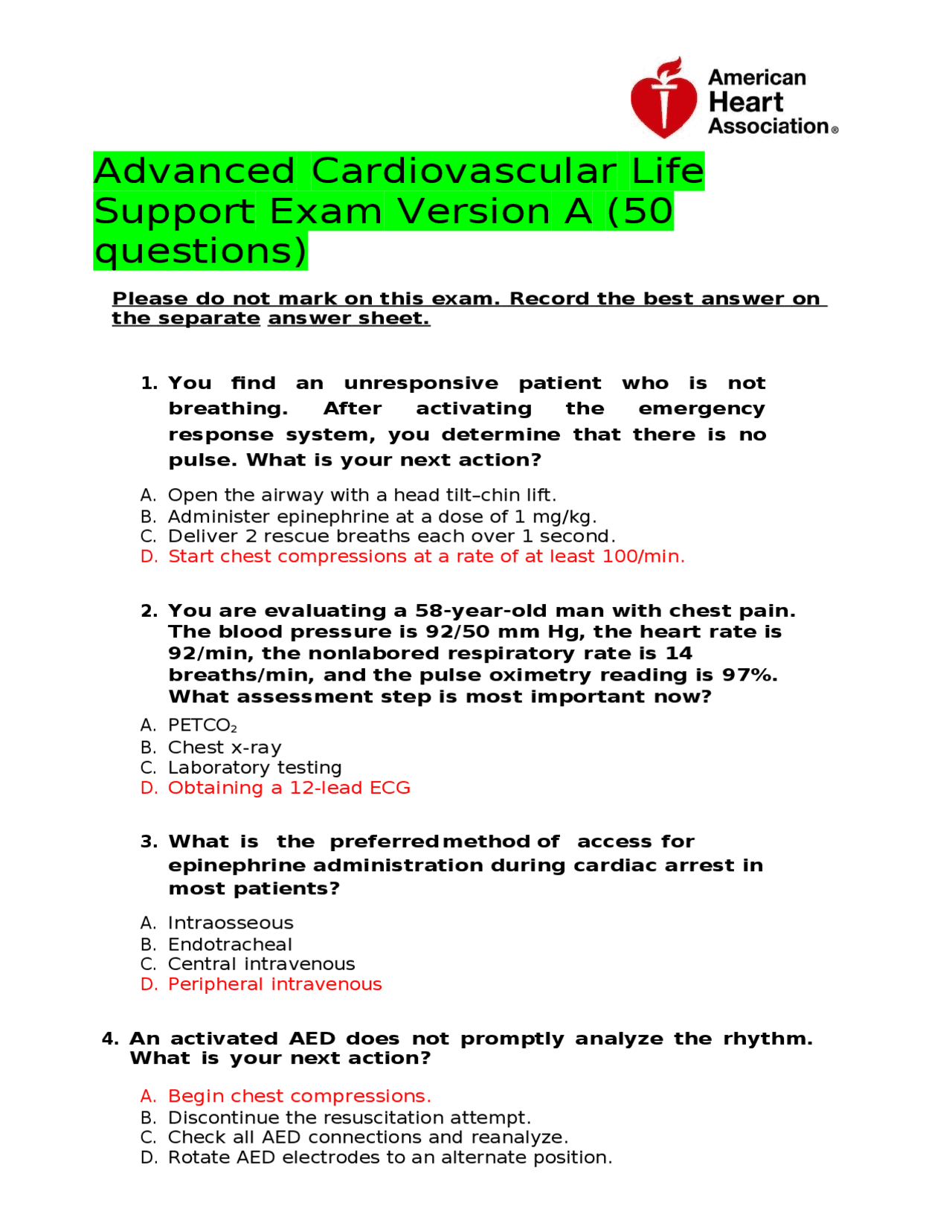 Advanced Cardiovascular Life Support Exam Version A (50 questions