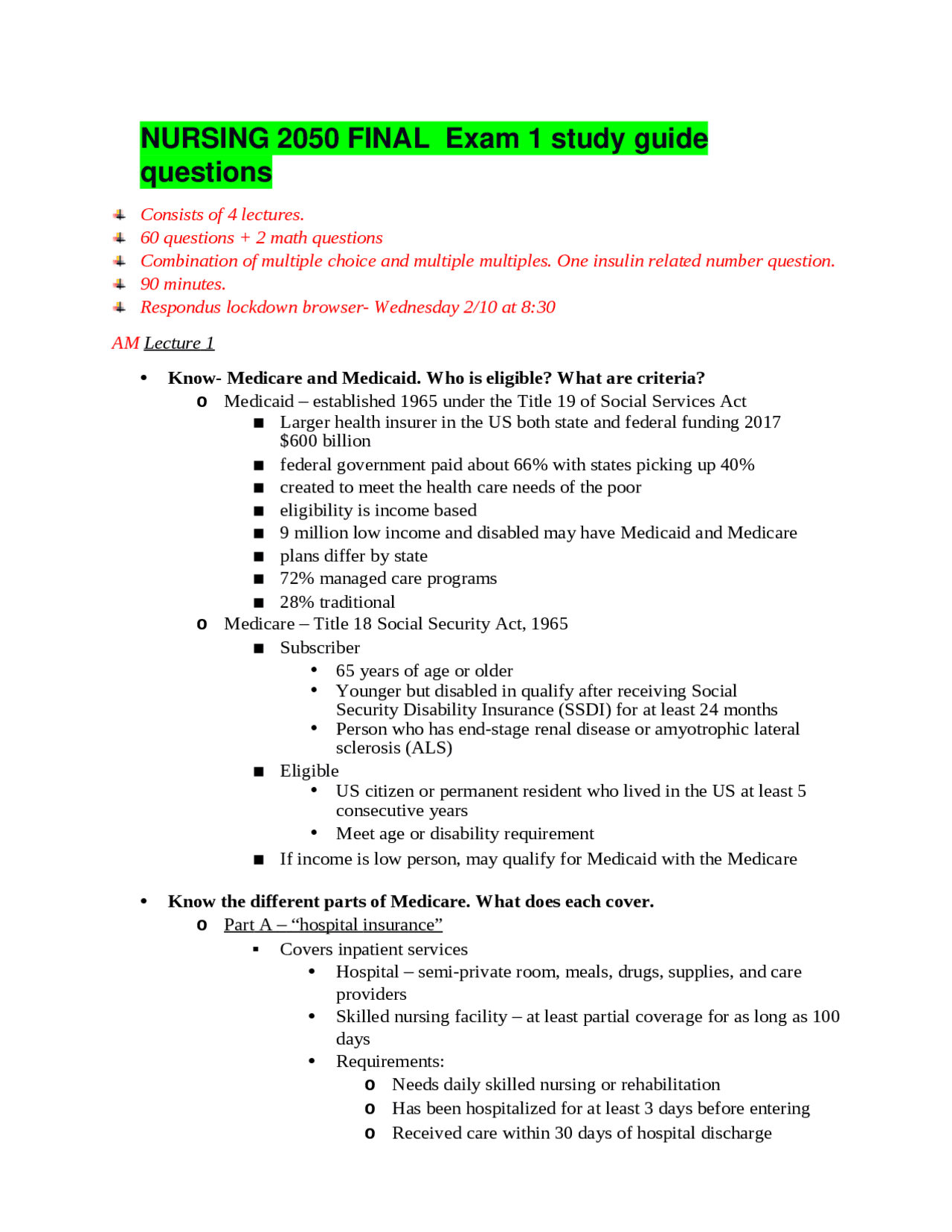 NURSING 2050 FINAL Exam 1 study guide questions | Exams Nursing | Docsity