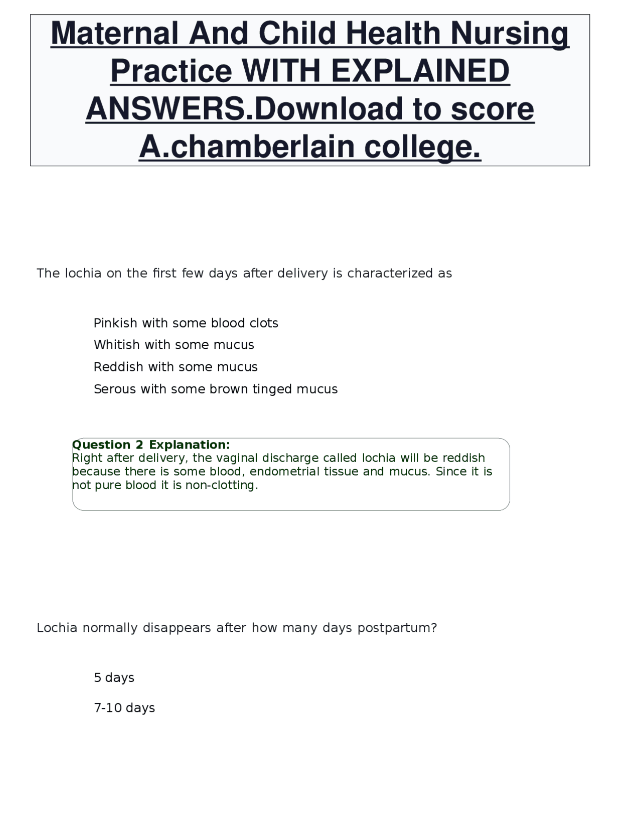Maternal And Child Health Nursing Practice WITH EXPLAINED ANSWERS