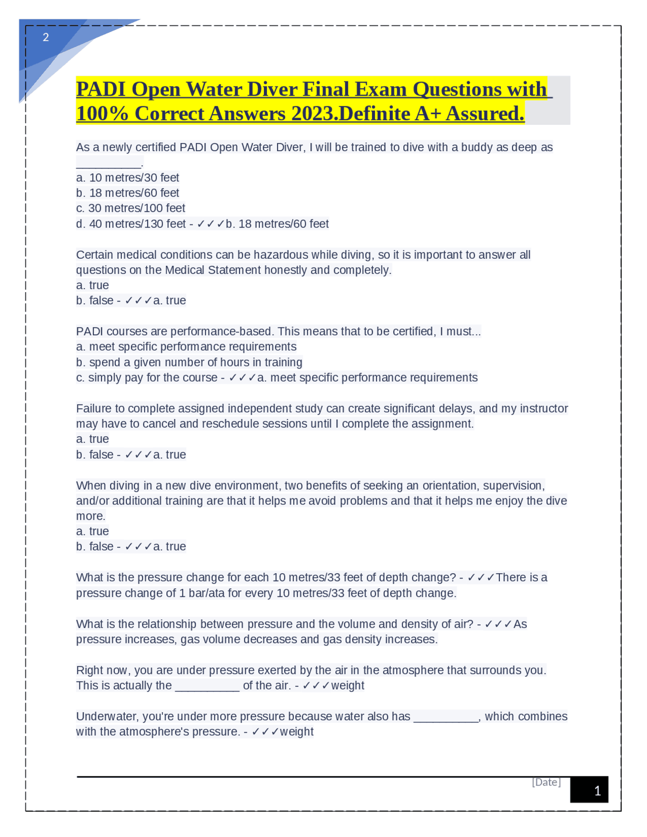 PADI Open Water Diver Final Exam Questions with 100 Correct Answers