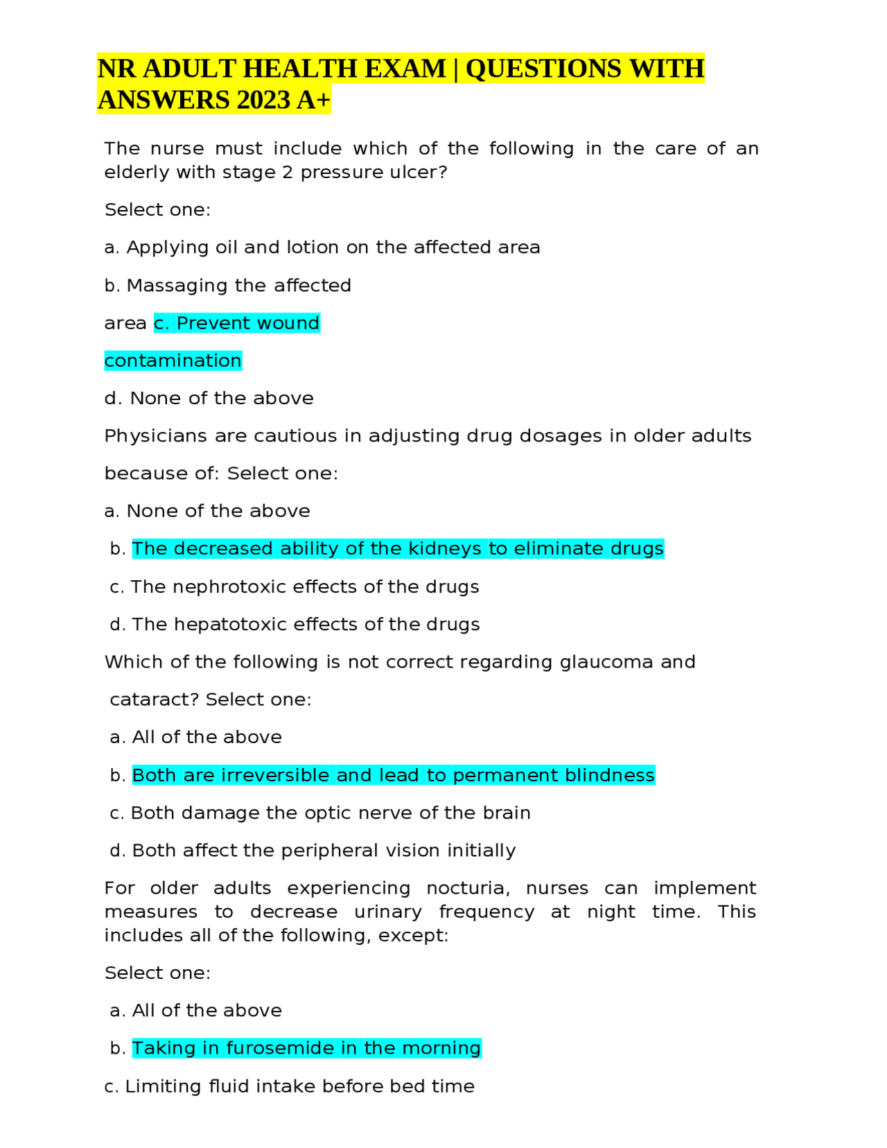 NR ADULT HEALTH EXAM QUESTIONS WITH ANSWERS 2023 A+ Exams Nursing