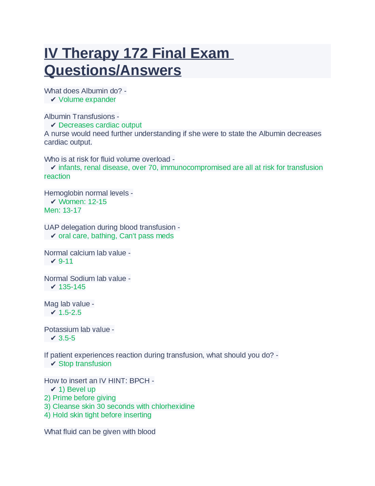 Sample Iv Questions IV Therapy 172 Final Exam Questions/Answers | Exams Occupational ...