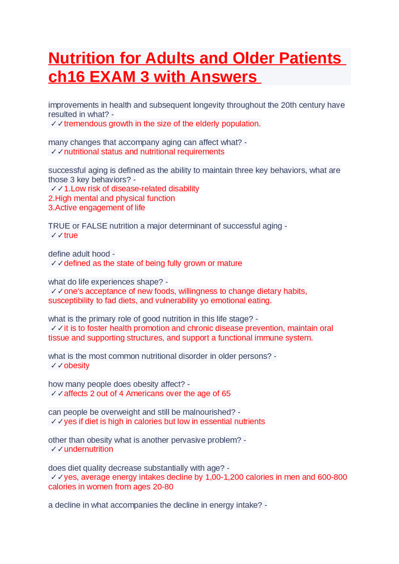 Nutrition for Adults and Older Patients ch16 EXAM 3 with Answers ...
