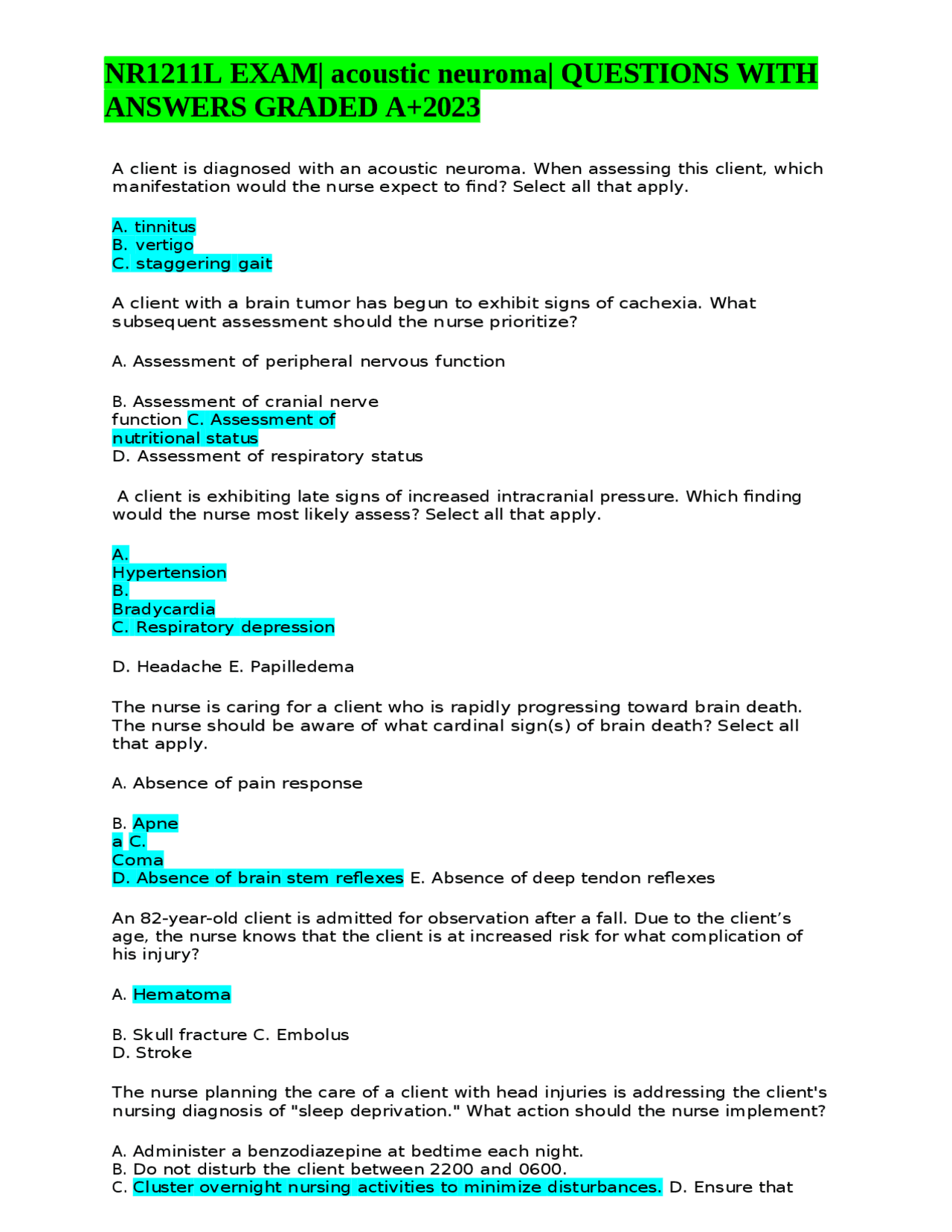 NR1211L EXAM acoustic neuroma QUESTIONS WITH ANSWERS GRADED A+2023