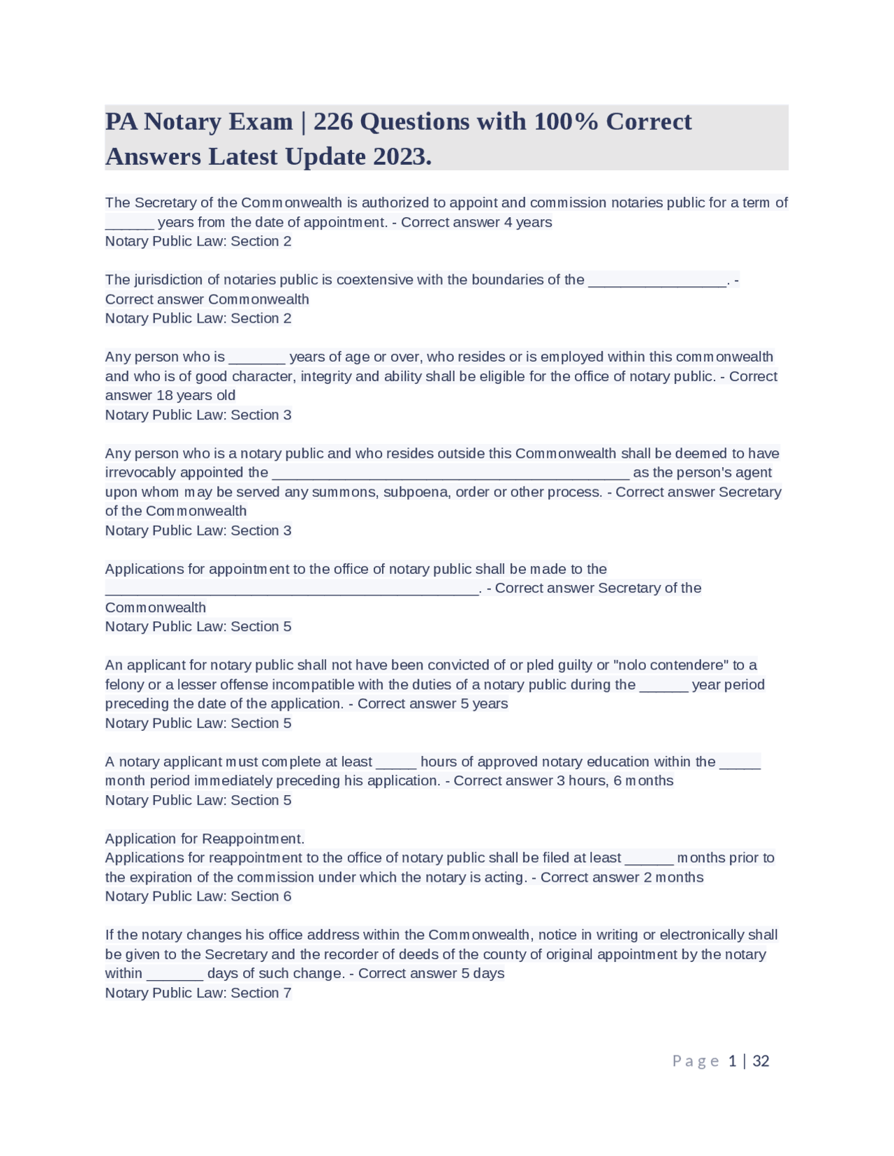 PA Notary Exam 226 Questions with 100 Correct Answers Latest Update