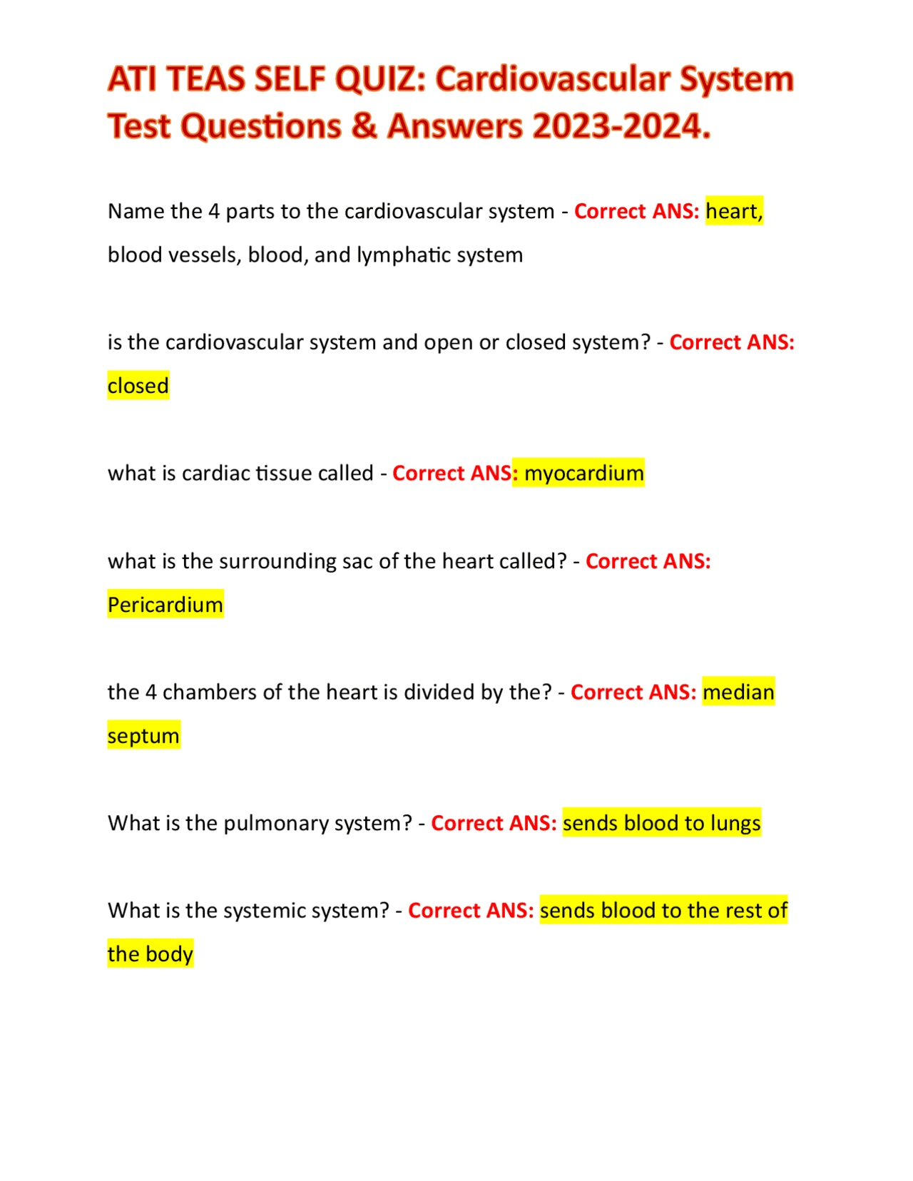 ATI TEAS SELF QUIZ: Cardiovascular System Test Questions & Answers 2023 ...