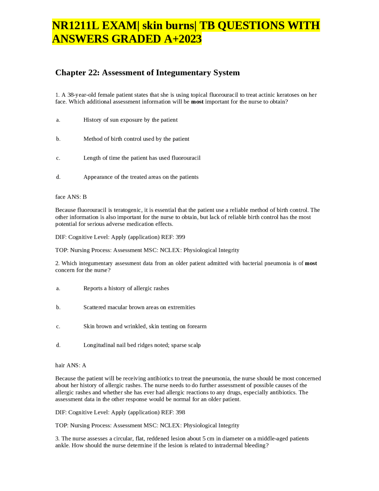 NR1211L EXAM skin burns TB QUESTIONS WITH ANSWERS GRADED A+2023
