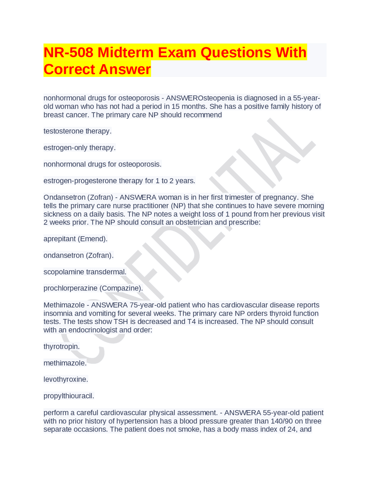 NR-508 Midterm Exam Questions With Correct Answer | Exams Nursing | Docsity
