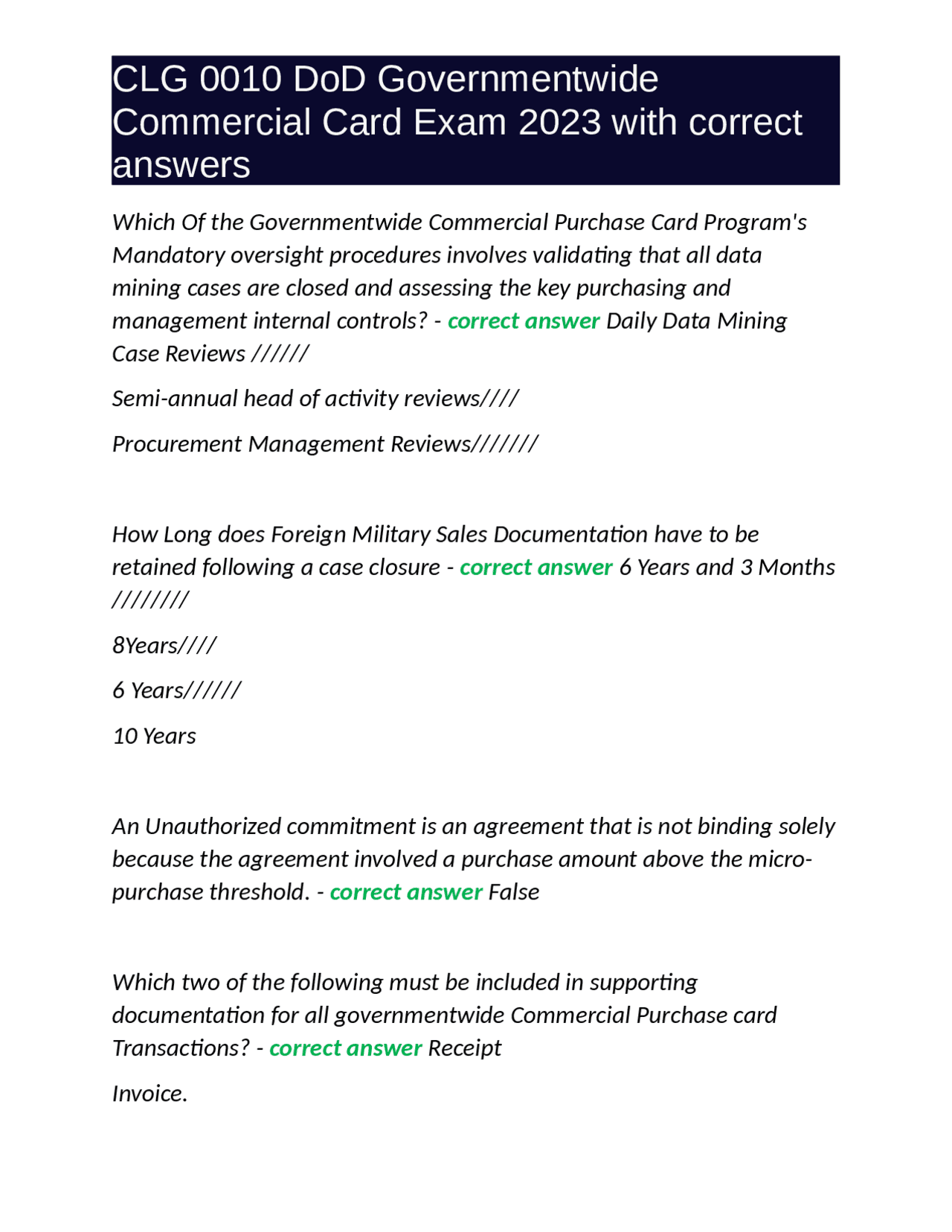 CLG 0010 DoD Governmentwide Commercial Card Exam 2023 with correct ...
