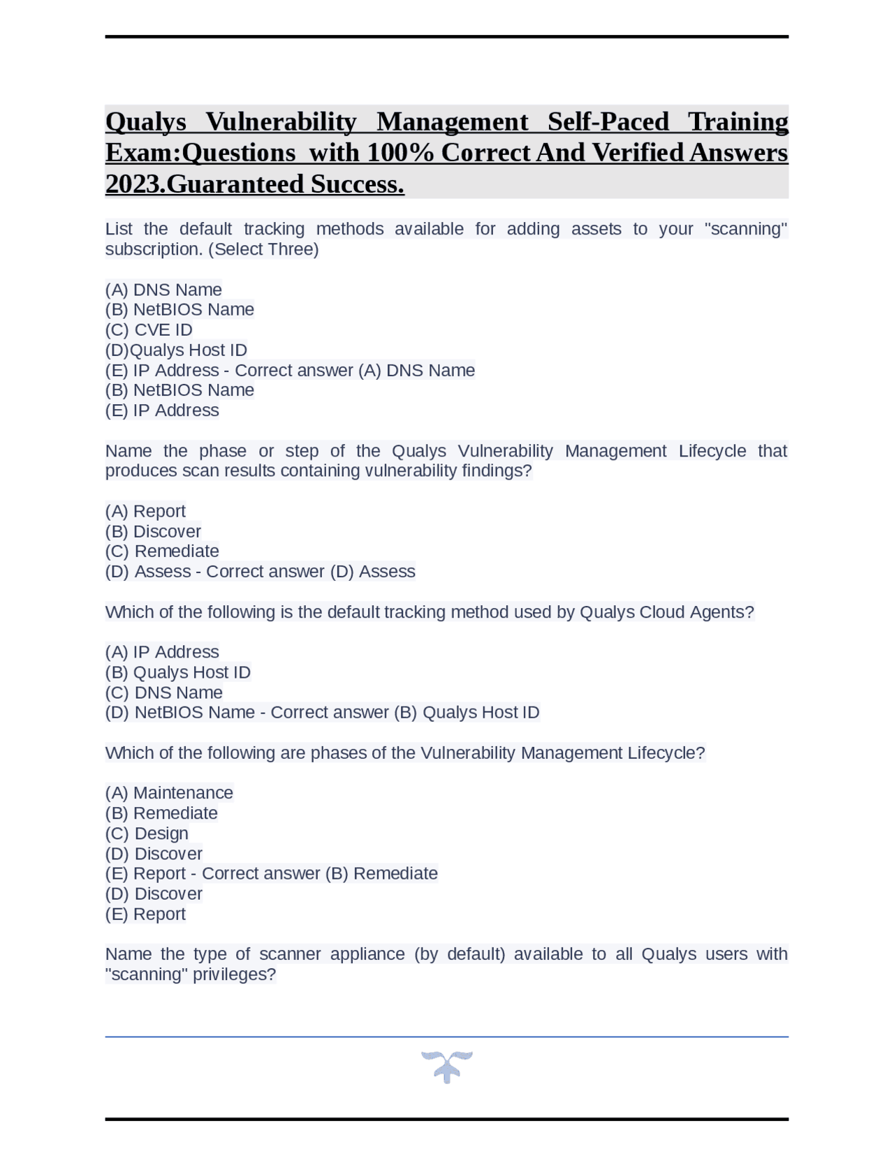 Qualys Vulnerability Management Self-Paced Training Exam:Questions with ...