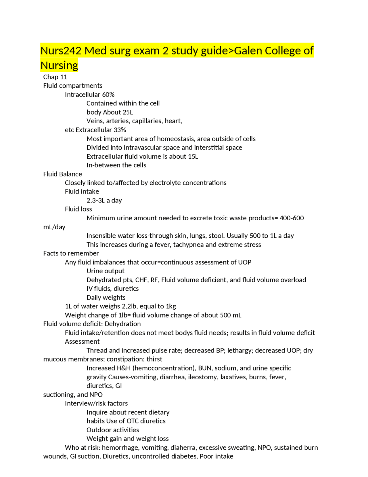 Nurs242 Med surg exam 2 study guide>Galen College of Nursing | Study ...
