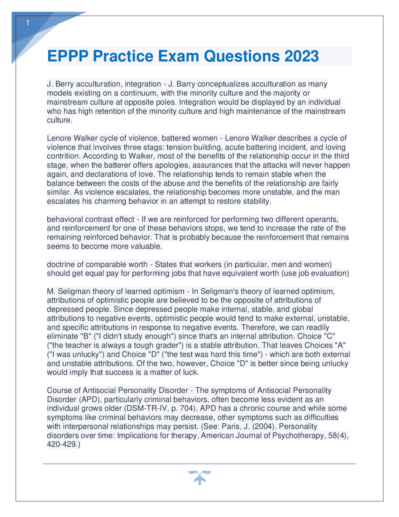 EPPP Practice Exam Questions 2023 | Exams Nursing | Docsity