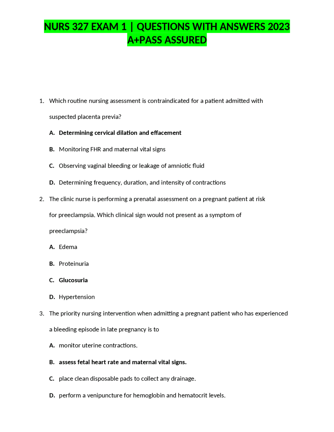 NURS 327 EXAM 1 | QUESTIONS WITH ANSWERS 2023 A+PASS ASSURED | Exams ...