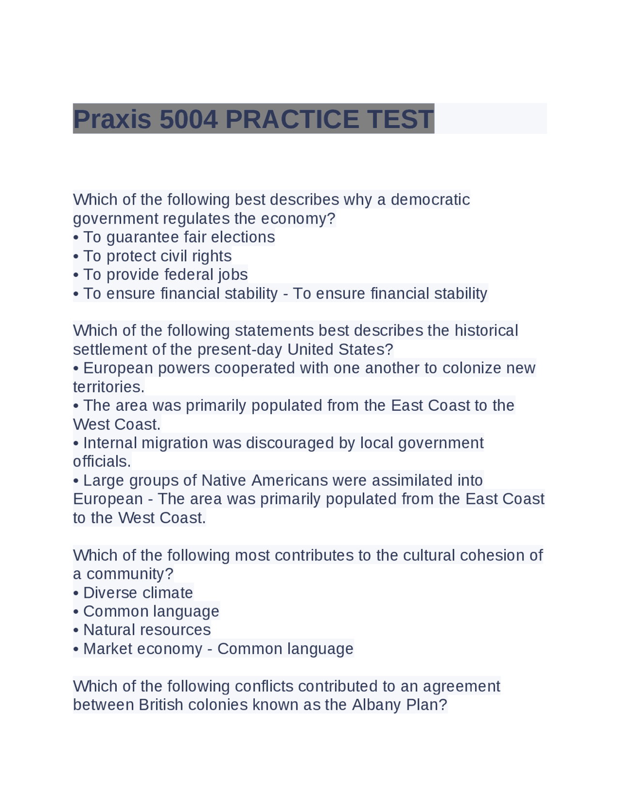 Praxis 5004 PRACTICE TEST Exams History Docsity