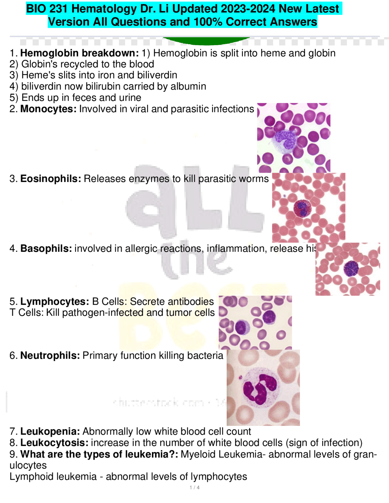 BIO 231 Hematology Dr. Li Updated 2023-2024 New Latest Version All ...