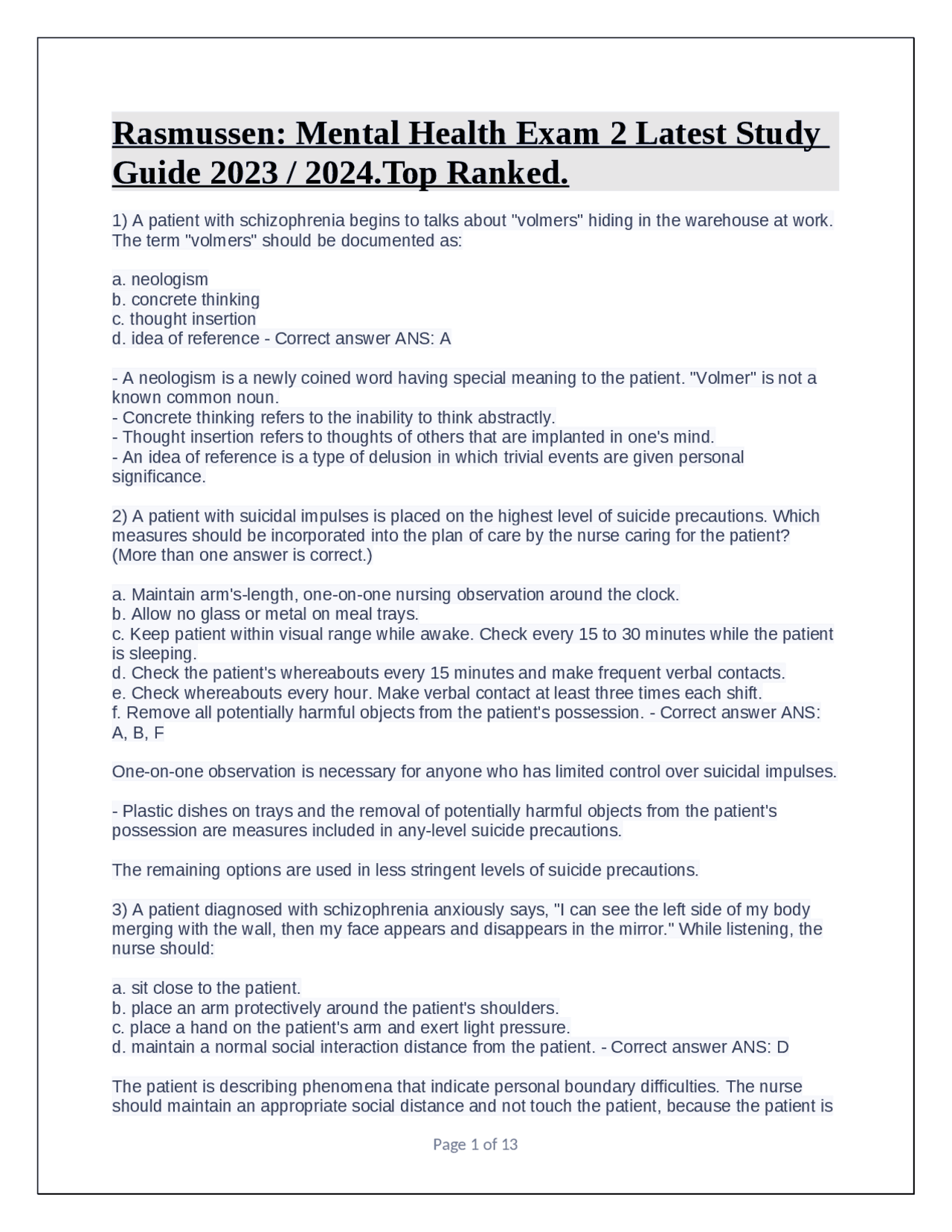Rasmussen: Mental Health Exam 2 Latest Study Guide 2023 / 2024.Top ...