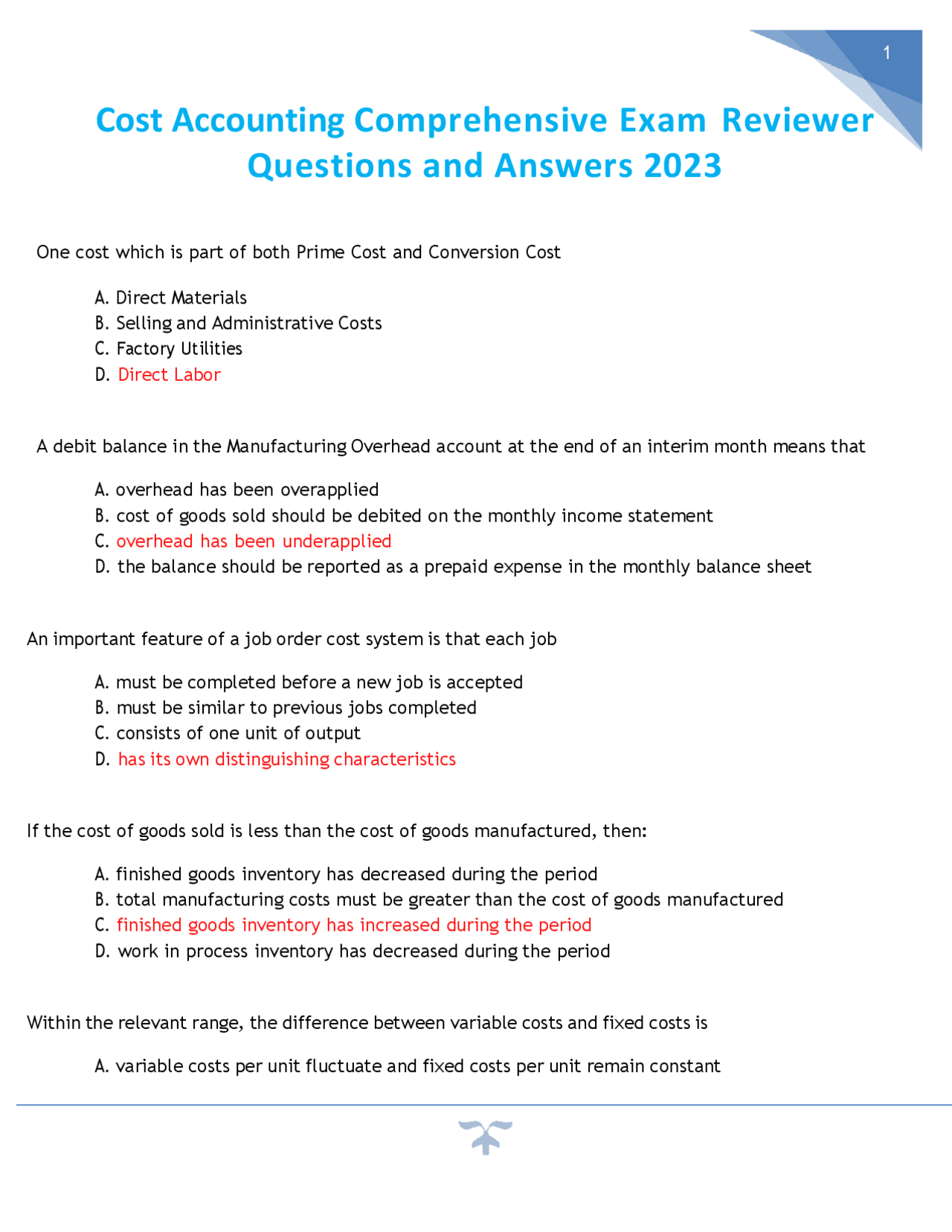 Cost Accounting Comprehensive Exam Reviewer Questions and Answers 2023 ...