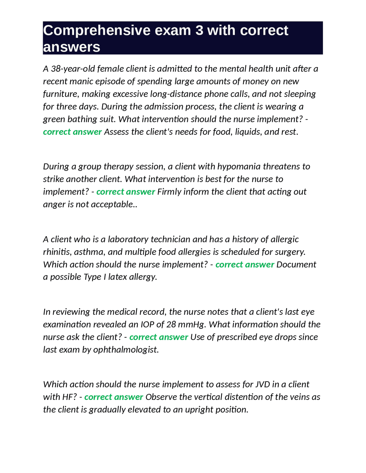 Comprehensive exam 3 with correct answers | Exams Nursing | Docsity