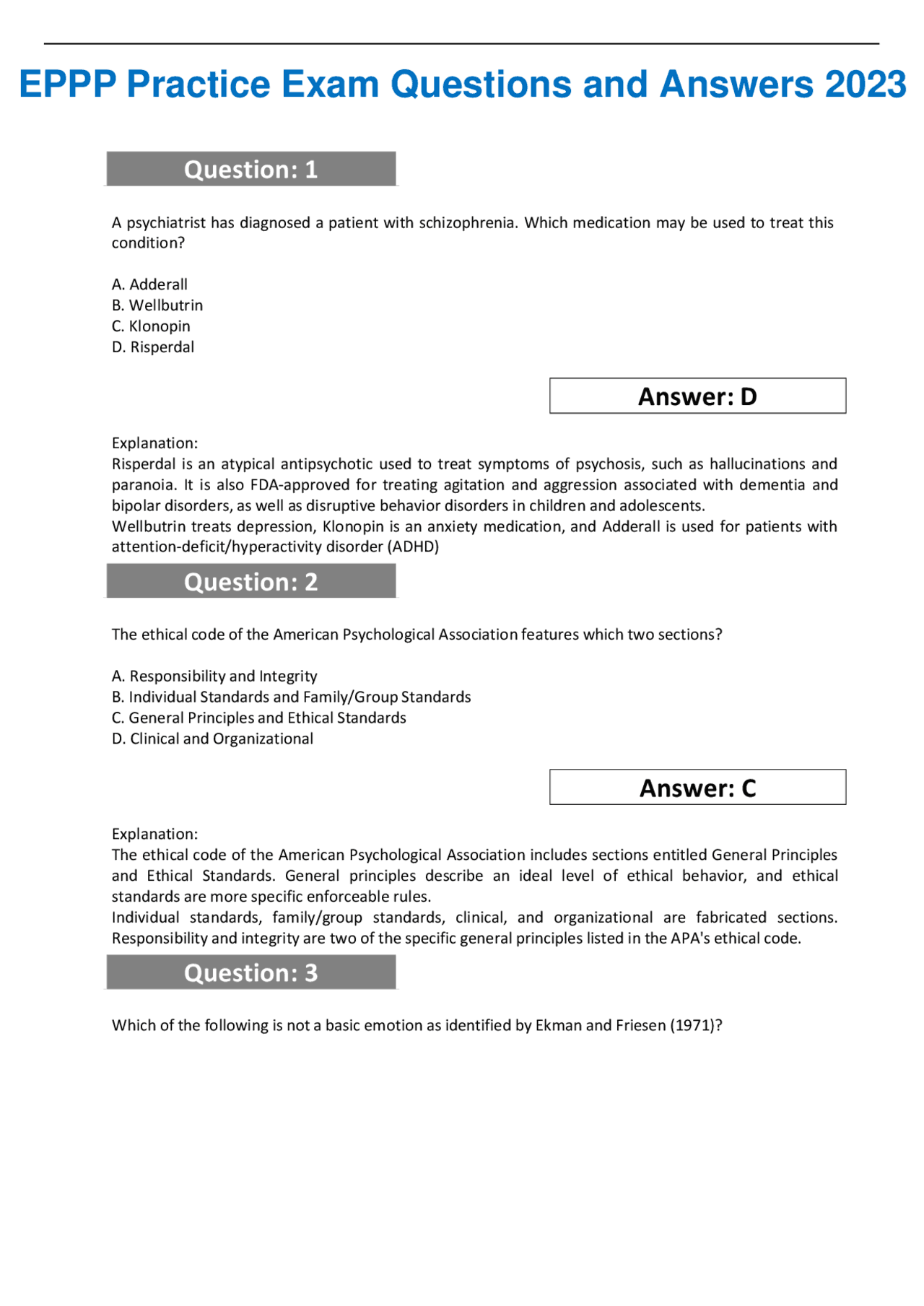 EPPP Practice Exam Questions and Answers 2023 | Exams Nursing | Docsity