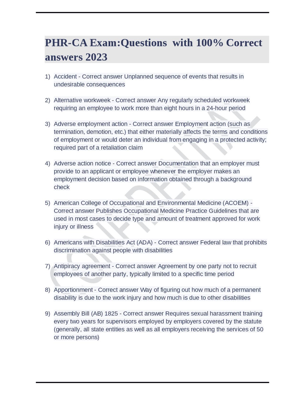 PHR-CA Exam:Questions with 100% Correct answers 2023 | Exams Humanities ...