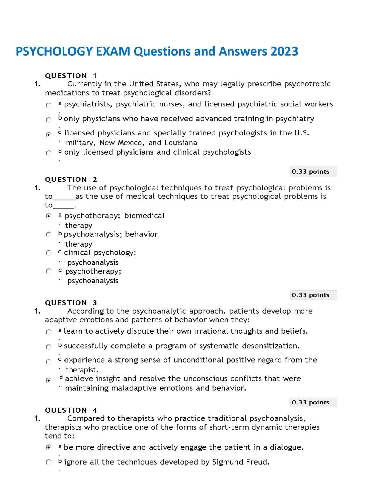 PSYCHOLOGY EXAM Questions and Answers 2023 | Exams Nursing | Docsity