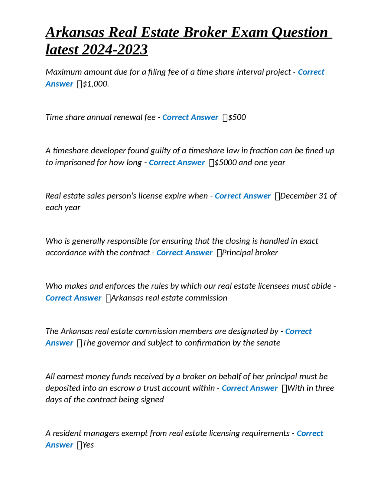 Arkansas Real Estate Broker Exam Question latest 20242023 Exams