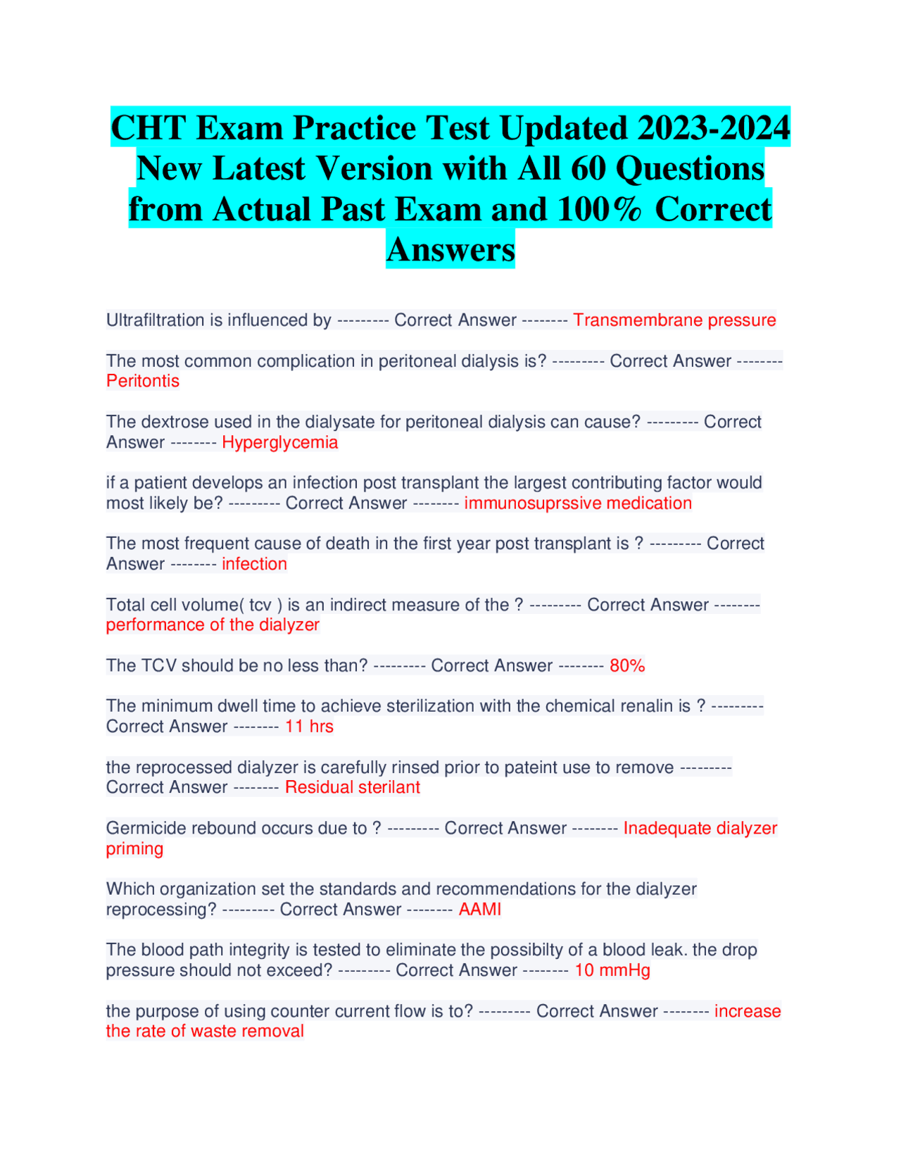 Study Guide Cht CHT Exam Practice Test Updated 2023-2024 New Latest Version with All 60 ...