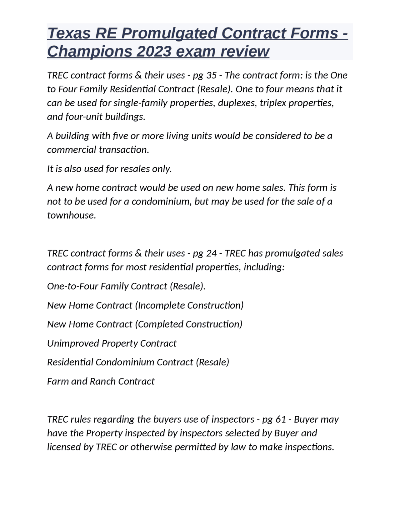 Texas RE Promulgated Contract Forms Champions 2023 exam review