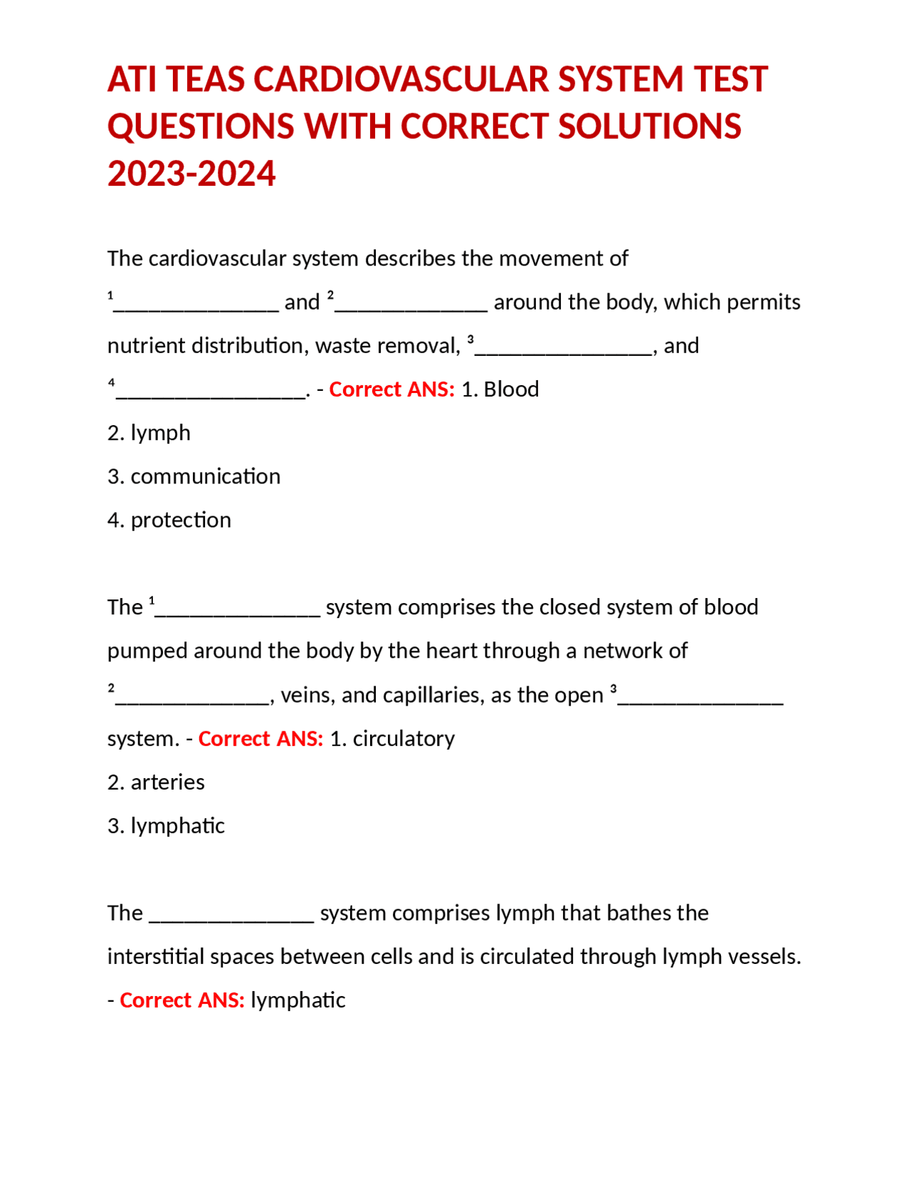 ATI TEAS CARDIOVASCULAR SYSTEM TEST QUESTIONS WITH CORRECT SOLUTIONS