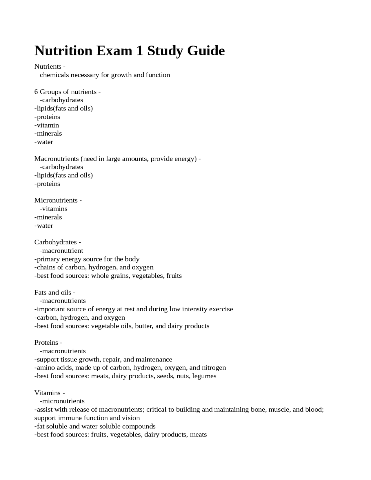Nutrition Study Guide Examples Nutrition Exam 1 Study Guide | Exams Nutrition | Docsity