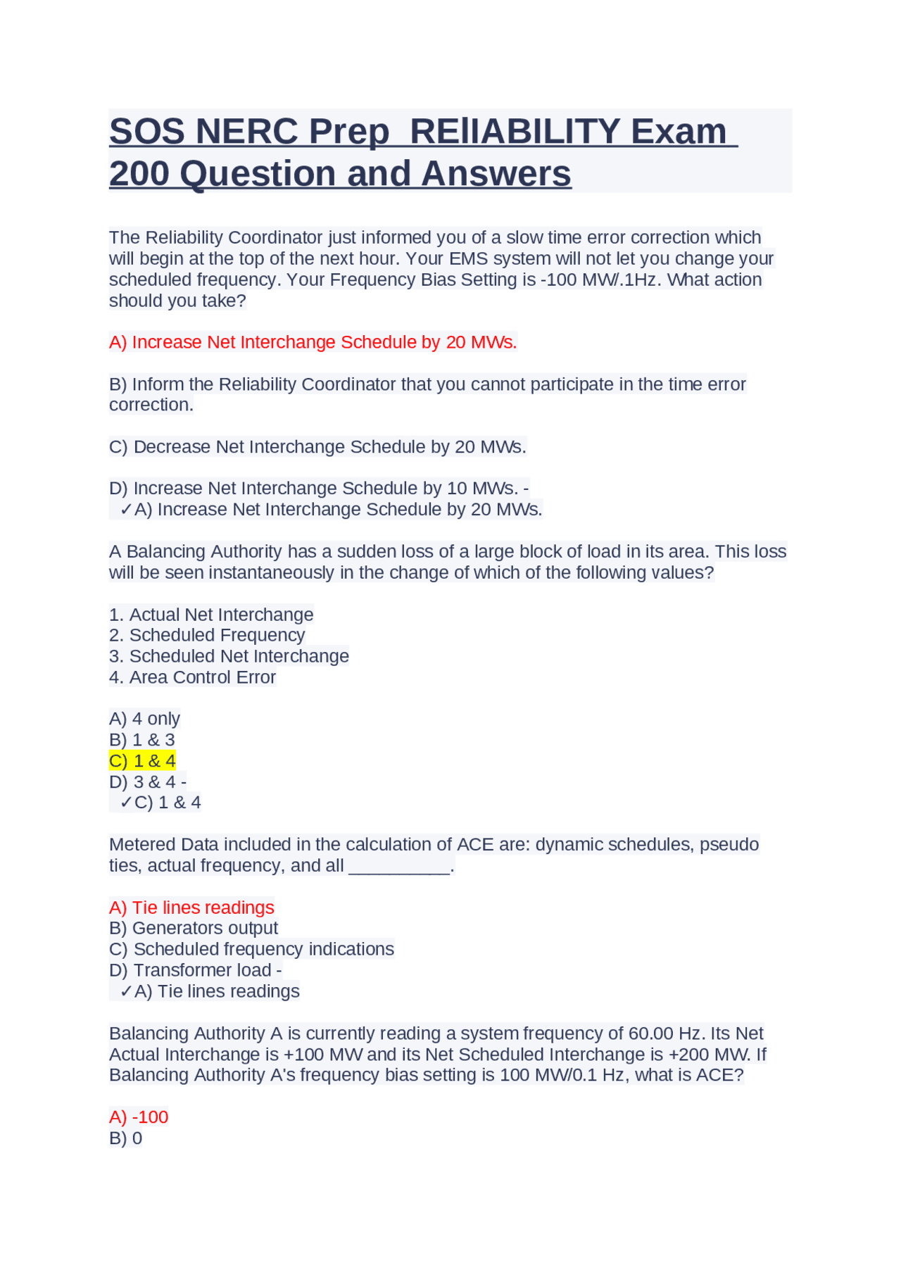 Reliability Exam Question SOS NERC Prep RElIABILITY Exam 200 Question and Answers | Exams Nursing ...