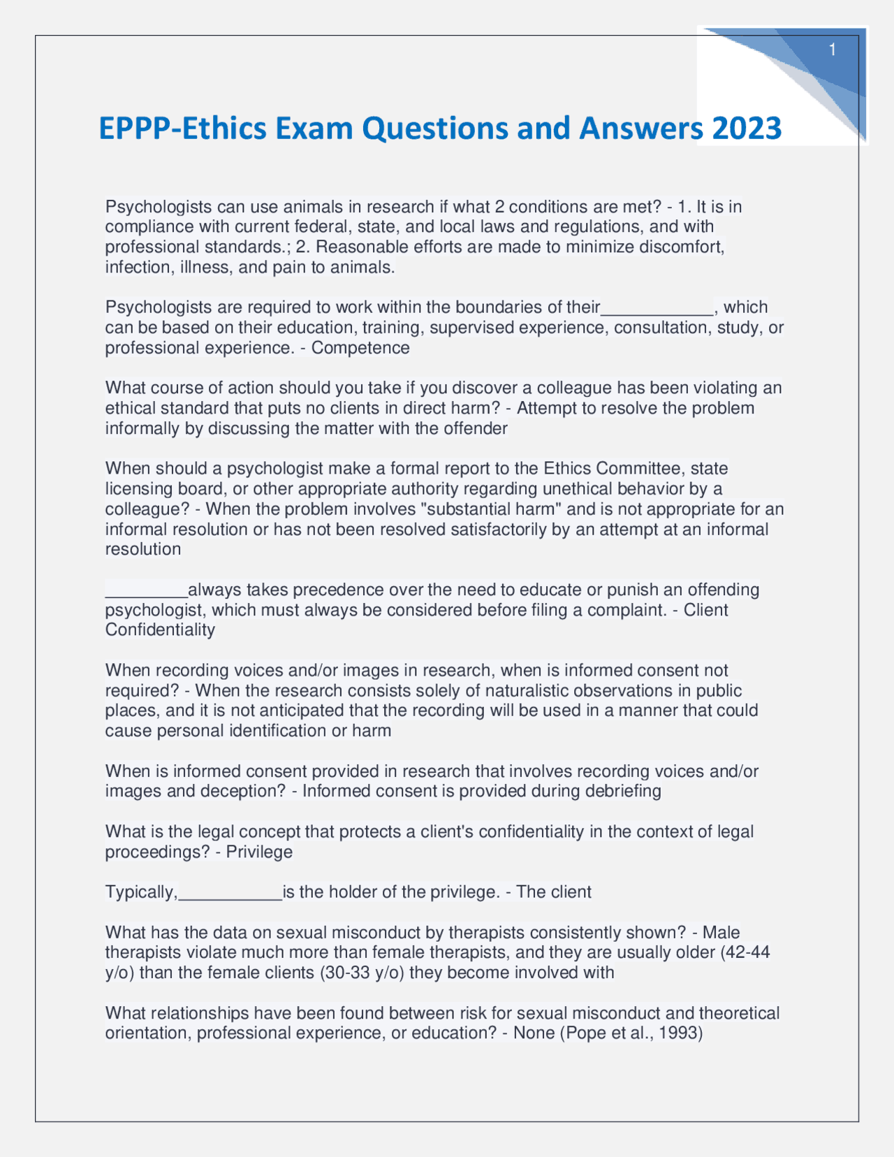 EPPP-Ethics Exam Questions and Answers 2023 | Exams Nursing | Docsity