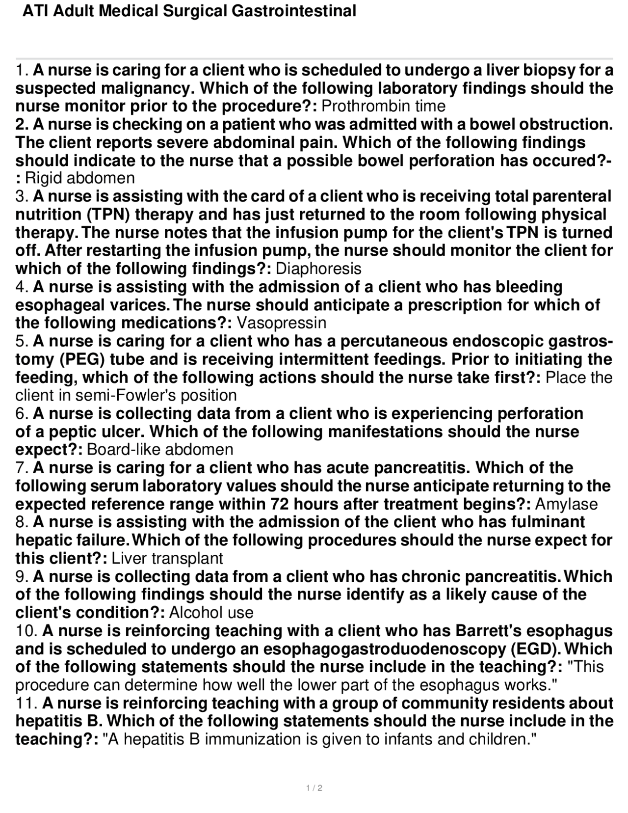 ATI Adult Medical Surgical Gastrointestinal Exams Nursing Docsity