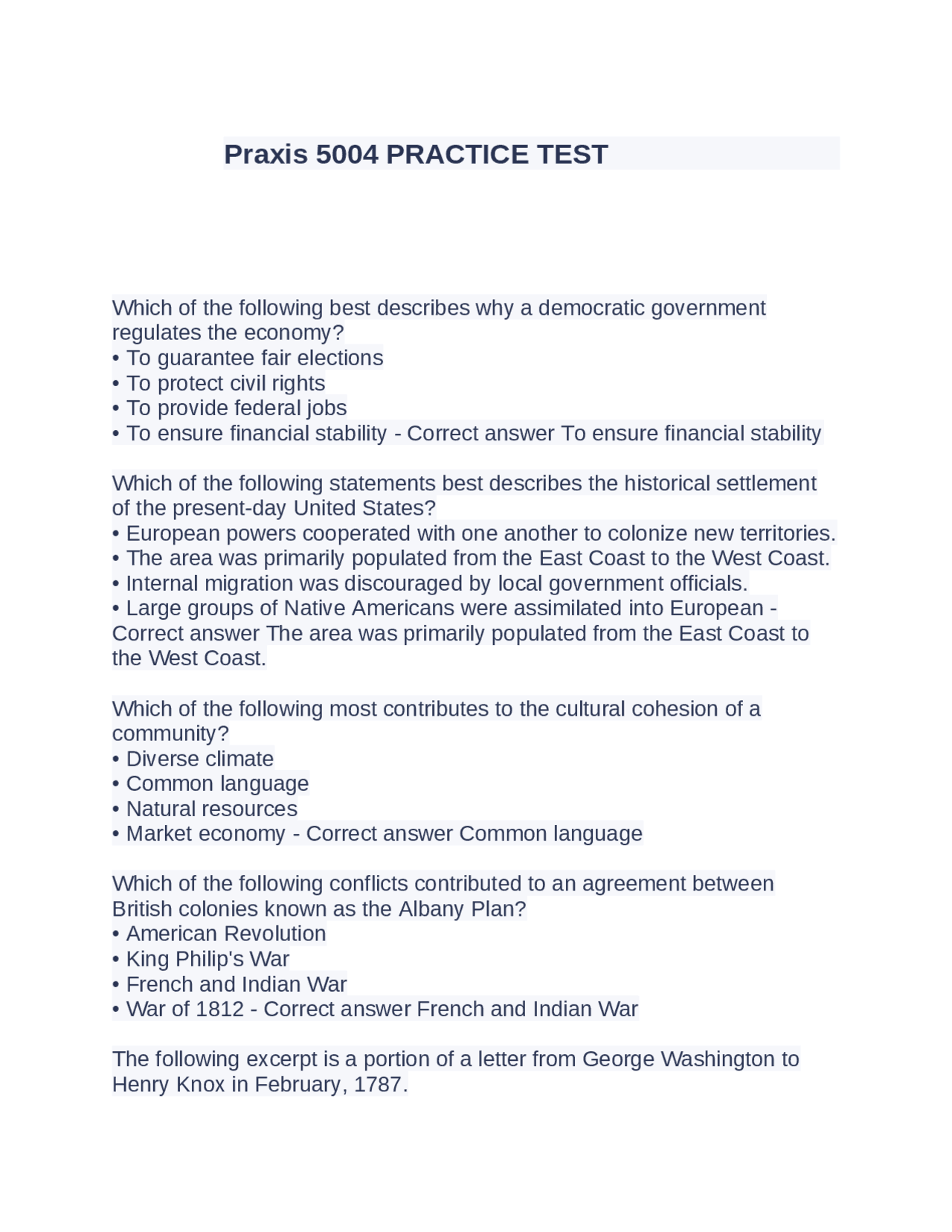 Praxis 5004 PRACTICE TEST Exams History Docsity