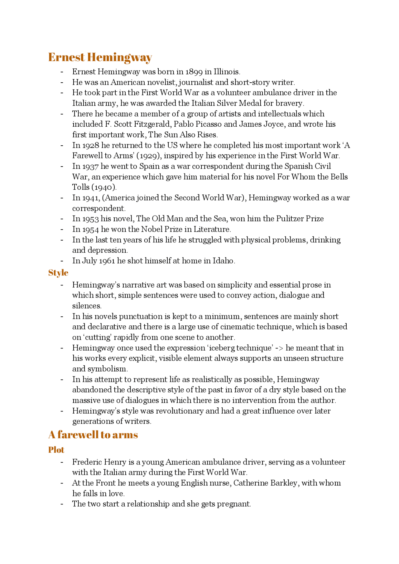 Ernest Hemingway, vita, stile, a farewell to arms plot , temi Schemi e mappe concettuali di