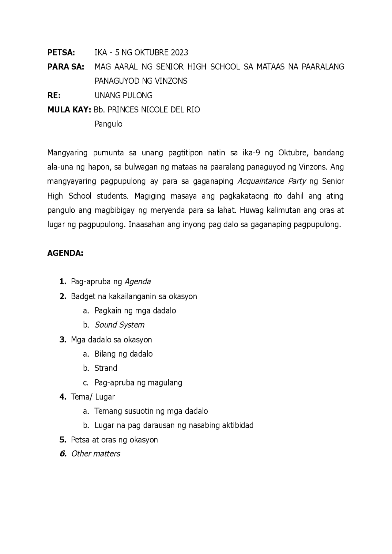 Agenda about acquaintance party | Essays (high school) Journalism | Docsity