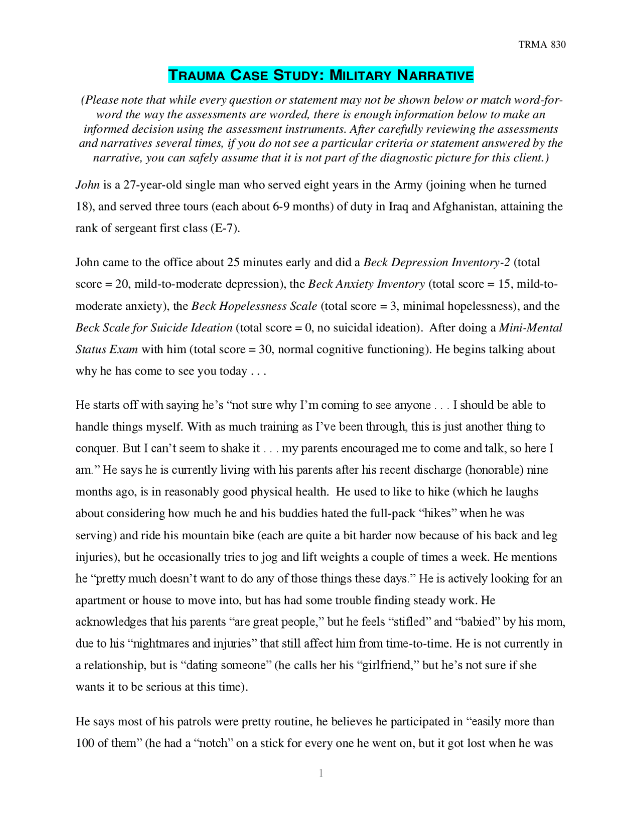 830_wk_5_trauma_case_study_military_narrative_ Exams Nursing Docsity