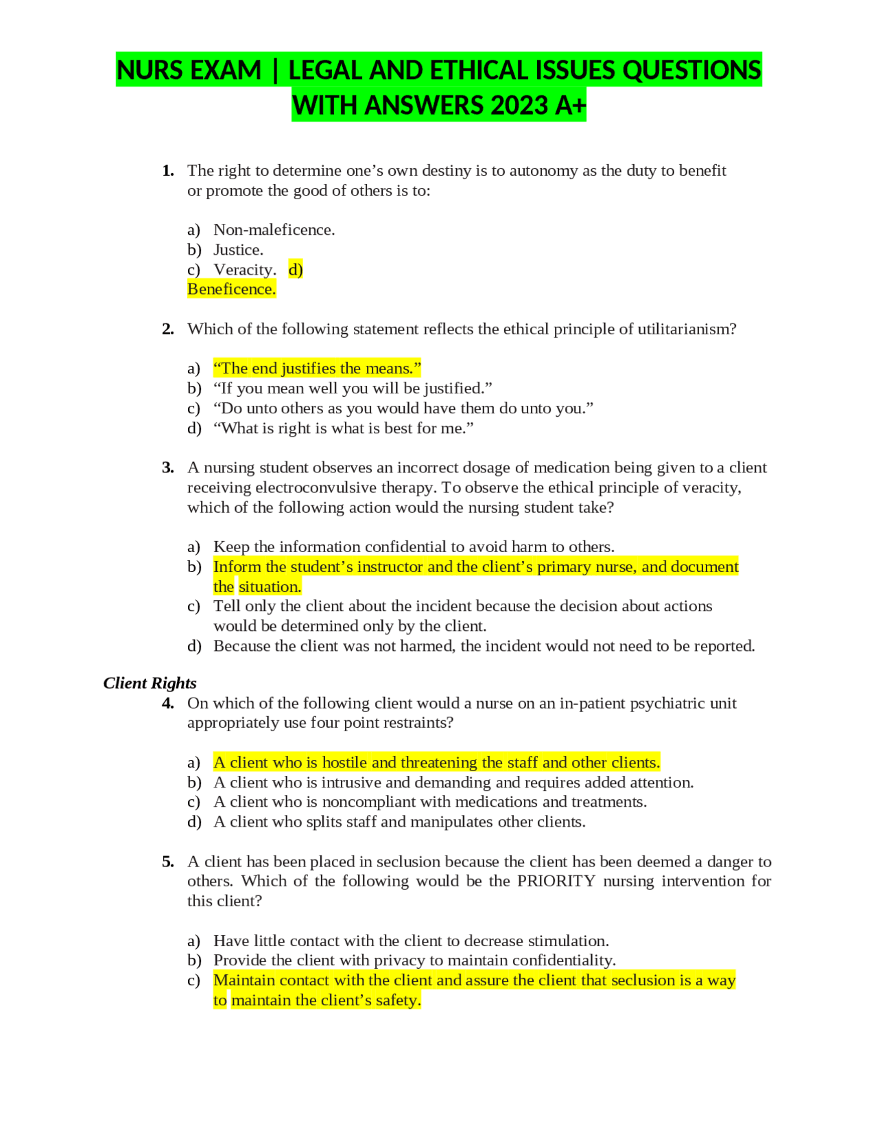 NURS EXAM | LEGAL AND ETHICAL ISSUES QUESTIONS WITH ANSWERS 2023 A+ ...