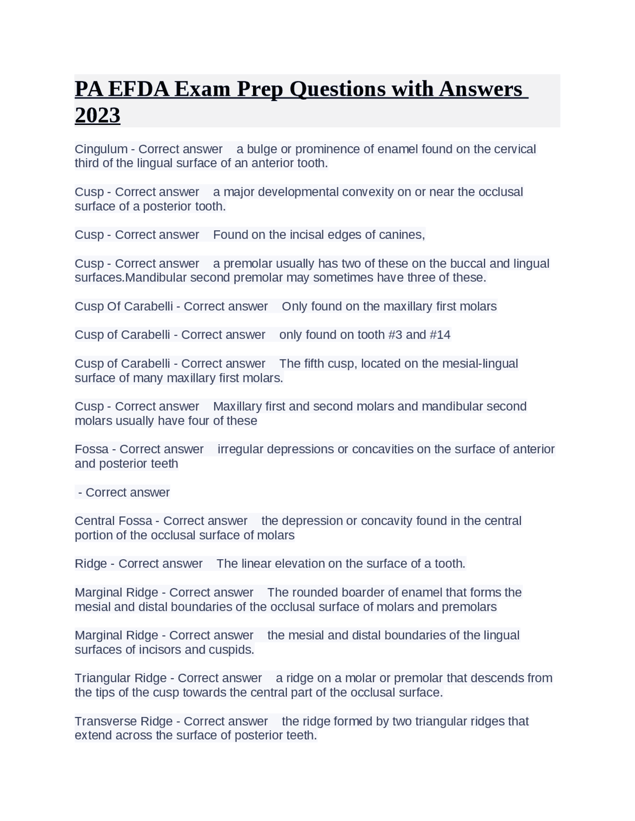 PA EFDA Exam Prep Questions with Answers 2023 Exams Paleontology Docsity