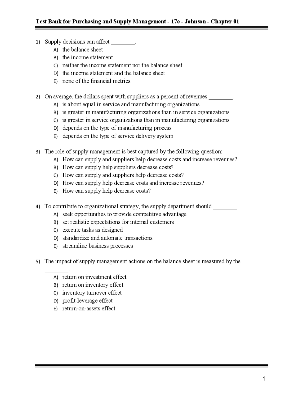 Test Bank for Purchasing and Supply Management - 17e | Exams Nursing ...